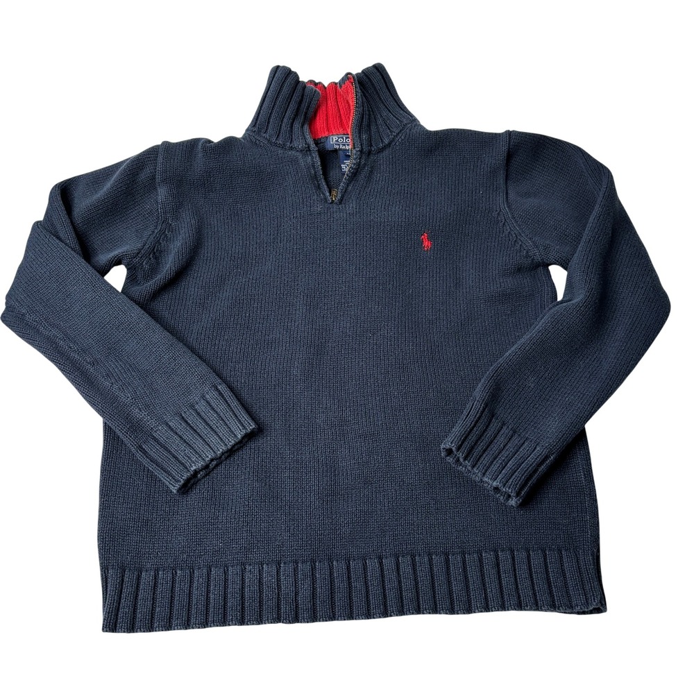 Vintage Polo‎ Ralph Lauren Boys M 100% Cotton Knit Navy Blue Red 1/4 Zip Sweater